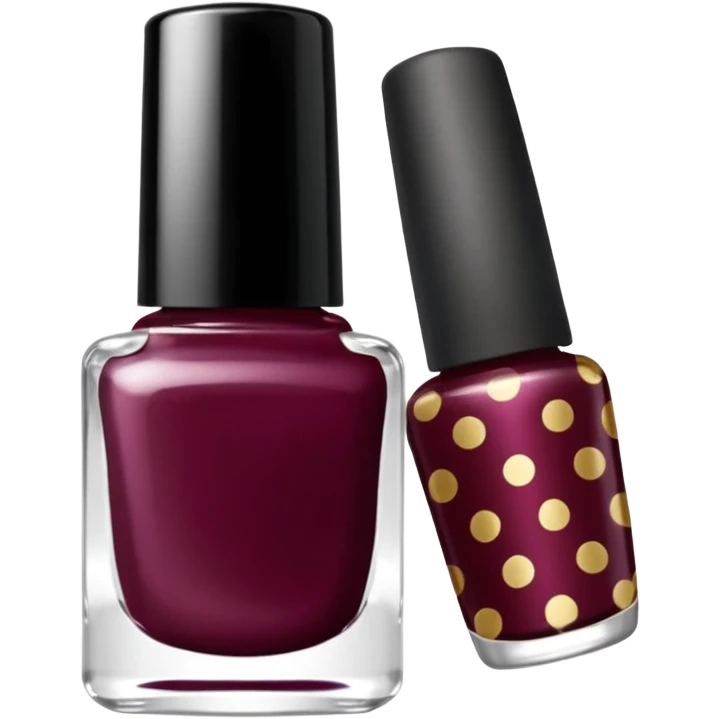 burgundy nail polish bottle, nail polish has light gold iridescence, cap is black with white polka dots, cinematic emoji emoji