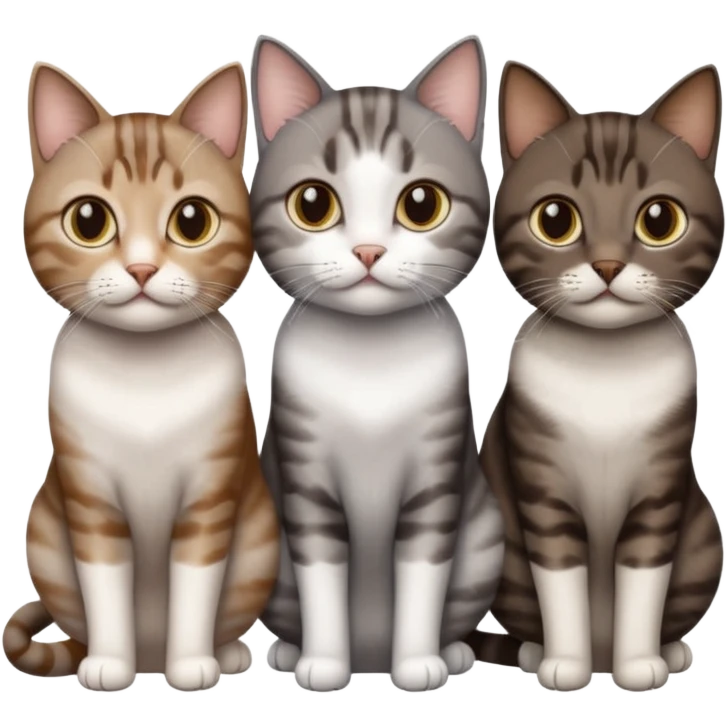 3 different coloured short haired cats including; a dark brown tabby and white cat, and a dark grey and white  emoji