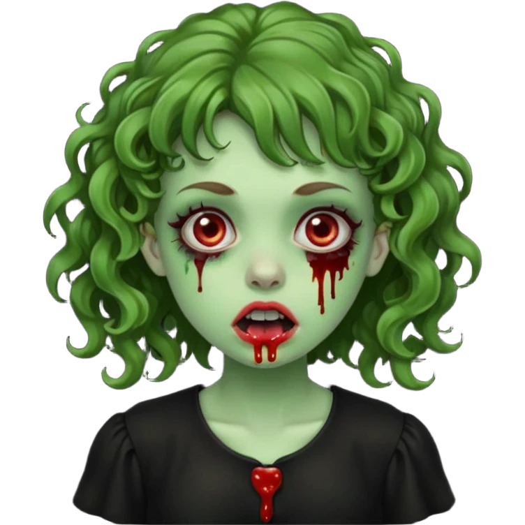 Green zombie emoji girl with curly Brown hair, with curly bangs, wearing a black bluse, blood Just in the tongue emoji