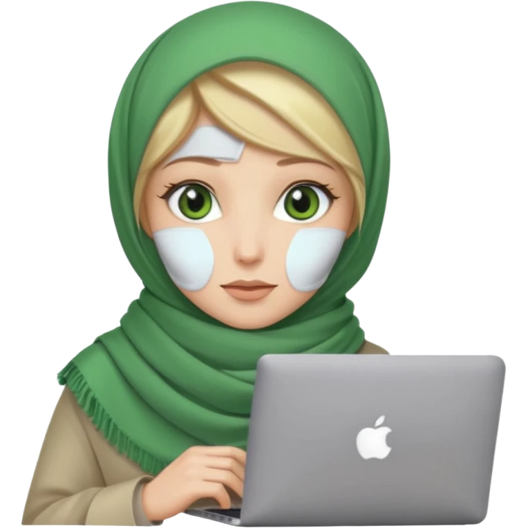 blond women skine , with green eyes , with scarf hijab . with macbook emoji