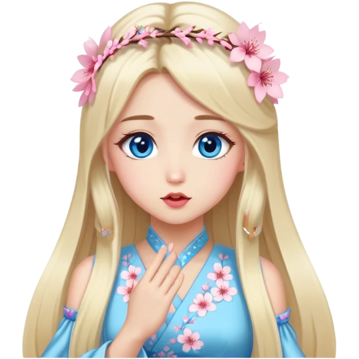 Turkish Girl with long blond hair with sakura accessories on her hair with a long tailed sakura dress on the ground and have blue eyes with beautiful finish and she sending lovely kisses  emoji