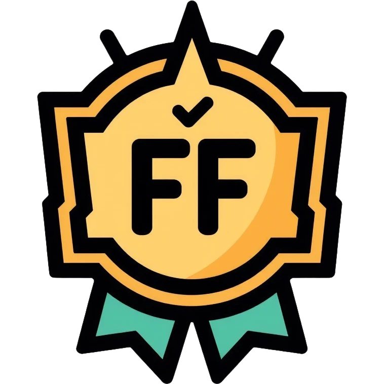 Gaming achievement badge with FF and a verification checkmark, gaming medal style, esports badge emoji