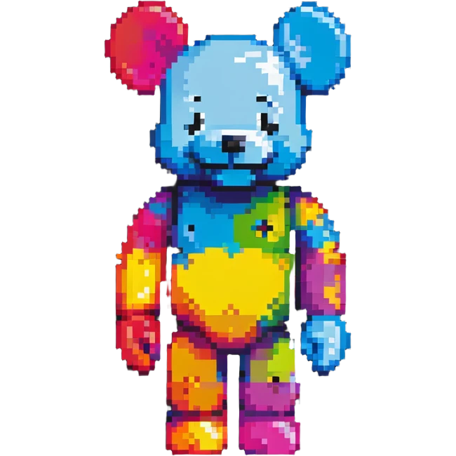 Pixel art KAWS Bearbrick figure with a happy smiling face, bright colors, and blocky bear shape emoji