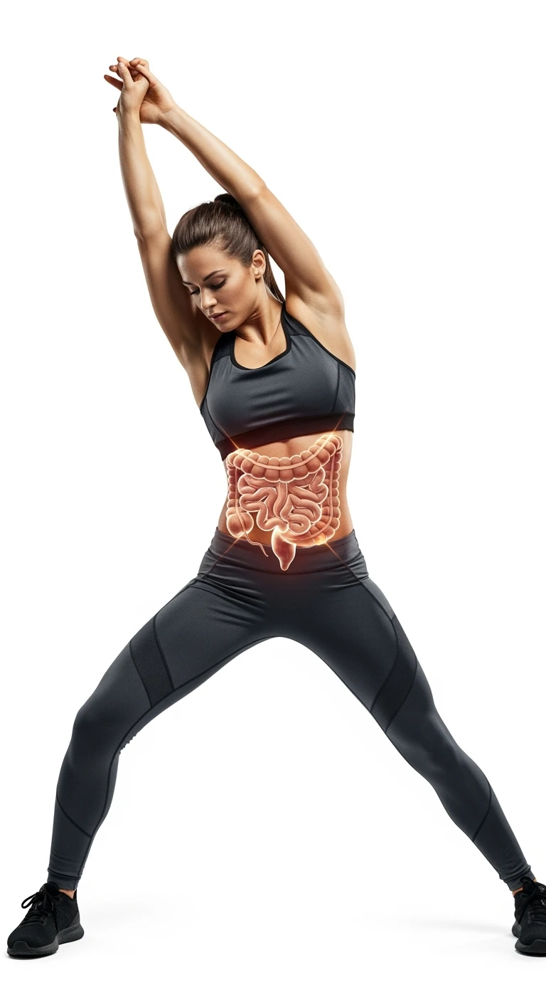 donna che fa stretching con intestino umano anatomico in evidenza, realistica 4k sfondo bianco emoji
