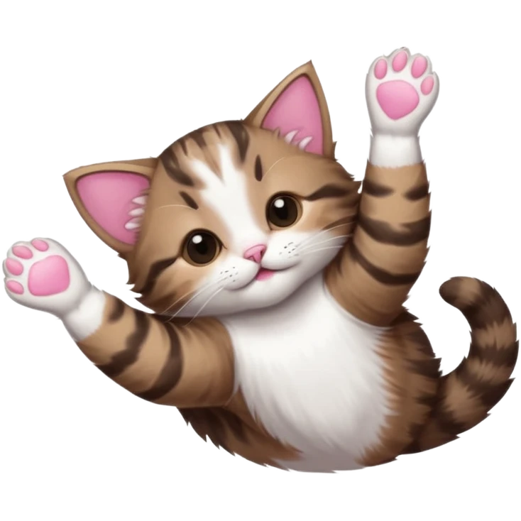 dark brown tabby and white kitten in funny positions stretched our upside down with eyes closed emoji