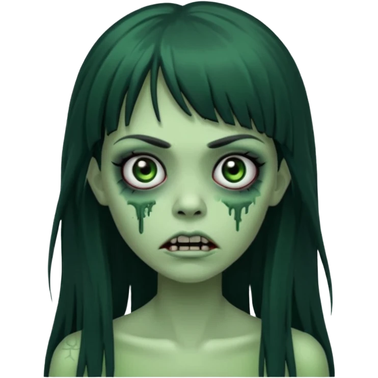 queria um emoji de zumbi verde de uma garota, olhos pretos, cabelos escuros e longos, com uma franja acima da sobrancelha  emoji