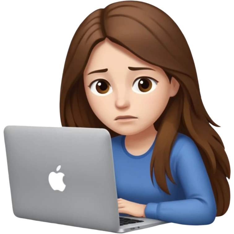 create a woman long hair brown, sitting with her macbook looking tired. looking at her computer, exausted  emoji