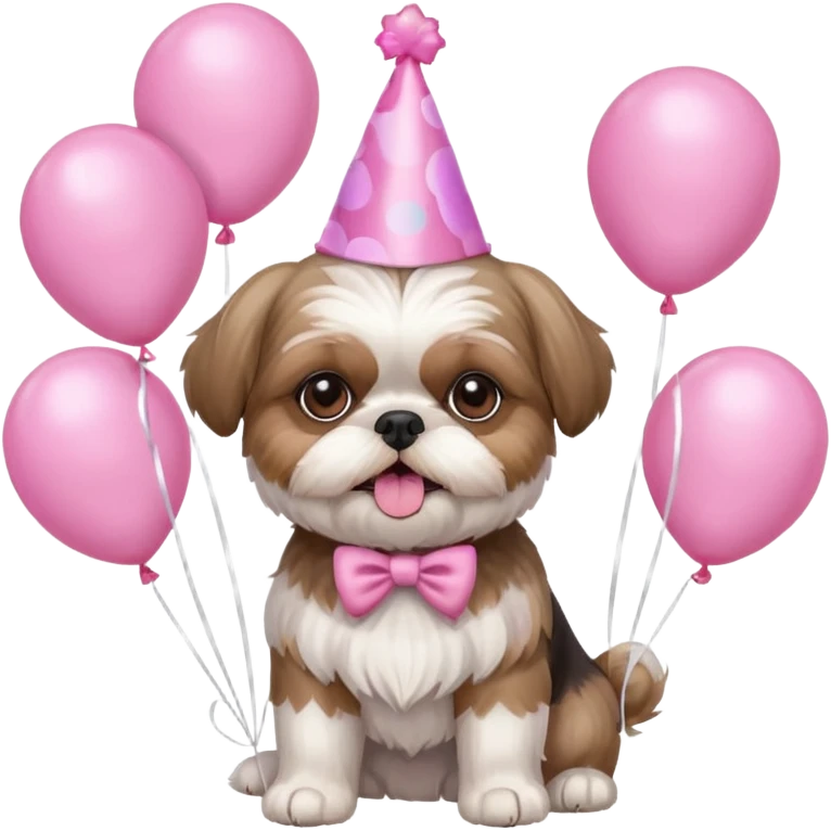 cute shih tzu hold a few cute pink balloons  with pink birthday hat emoji