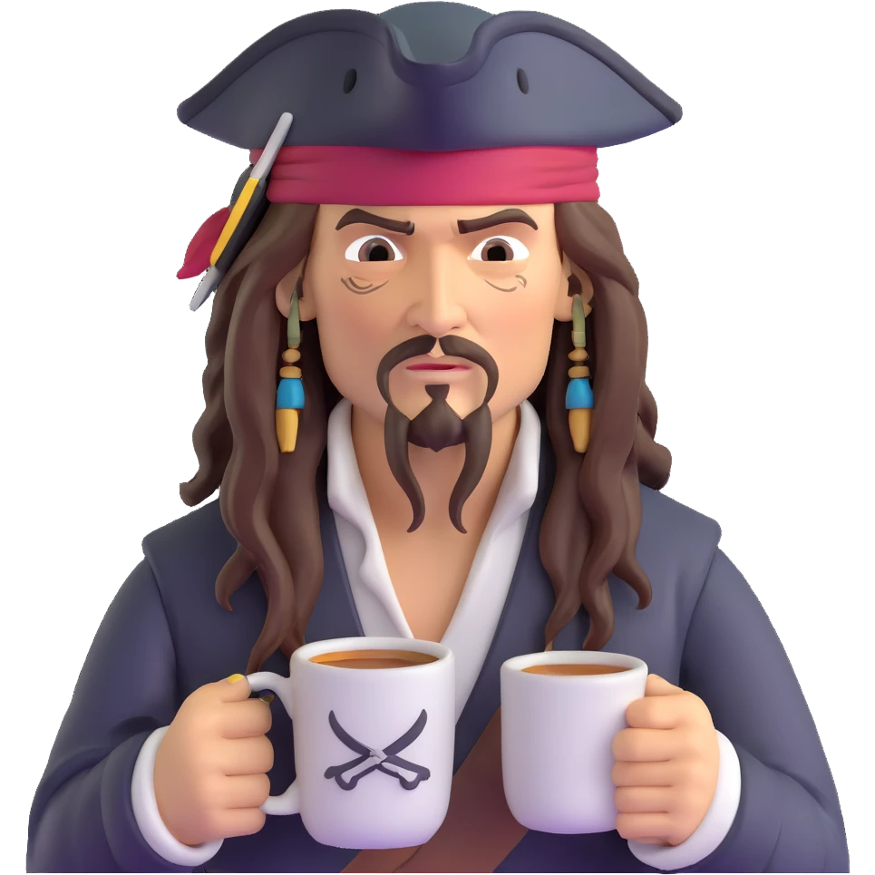 Captain Jack Sparrow as a serious coder with focused expression holding a coffee mug emoji