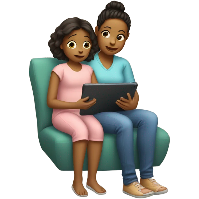 Kid sitting on mothers lap looking at ipad emoji