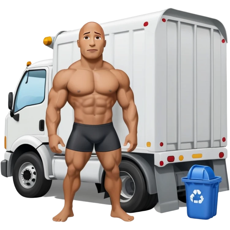 Dwayne the rock Johnson in speedo in front of trash truck emoji