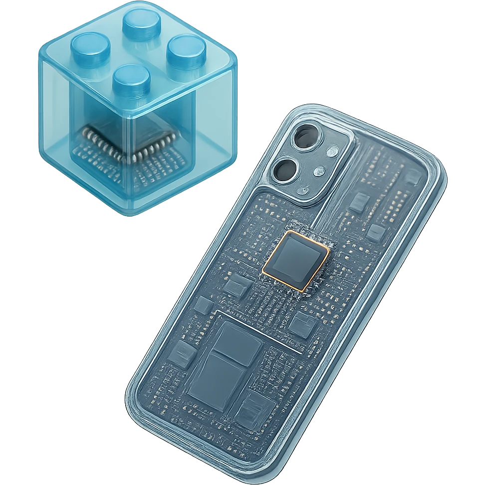 A smartphone with see-through casing revealing detailed internal components, processor chips and circuit boards visible inside emoji