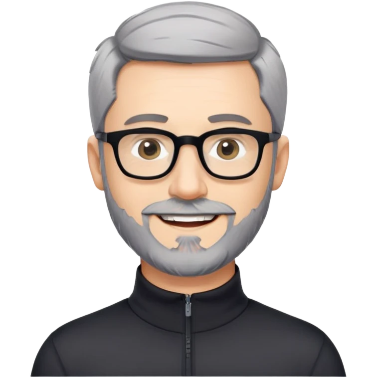 Caucasian man with very short cropped black hair, short beard with noticeable gray hairs, large black eyeglasses, cheerful expression, black athletic long sleeve shirt with quarter zip collar emoji