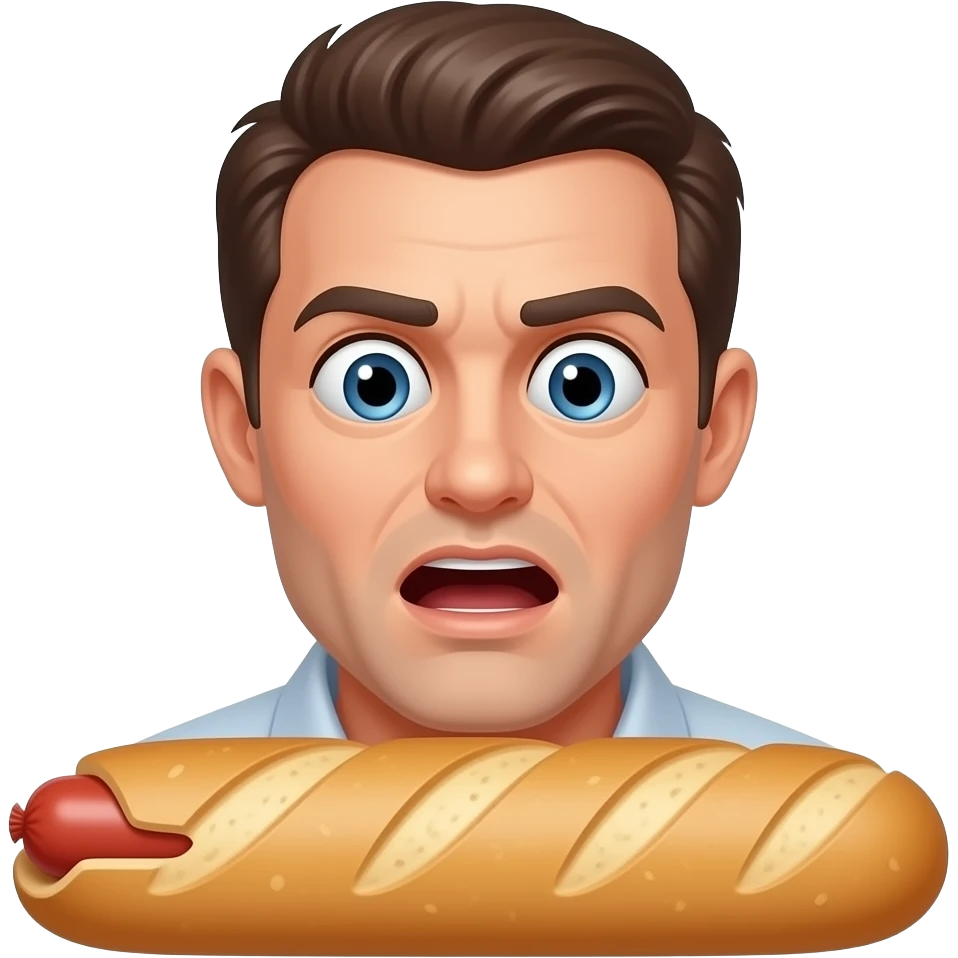 A man  really shocked at a baguette with a sausage inside(only the head) emoji
