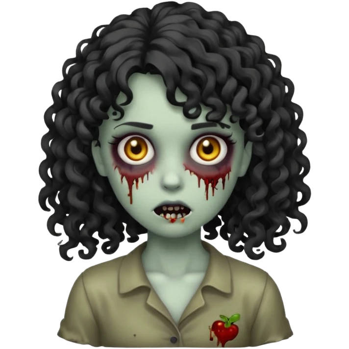 Emoji garota zombie sem ferimentos no rosto com cabelo preto cacheado longo com franja cacheada sem volume emoji