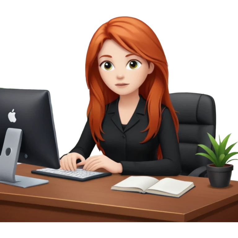 Video call therapy session: red-haired therapist with long hair wearing black minimalist clothing, seated in a professional home office, looking at the webcam; calm, modern teletherapy setting emoji