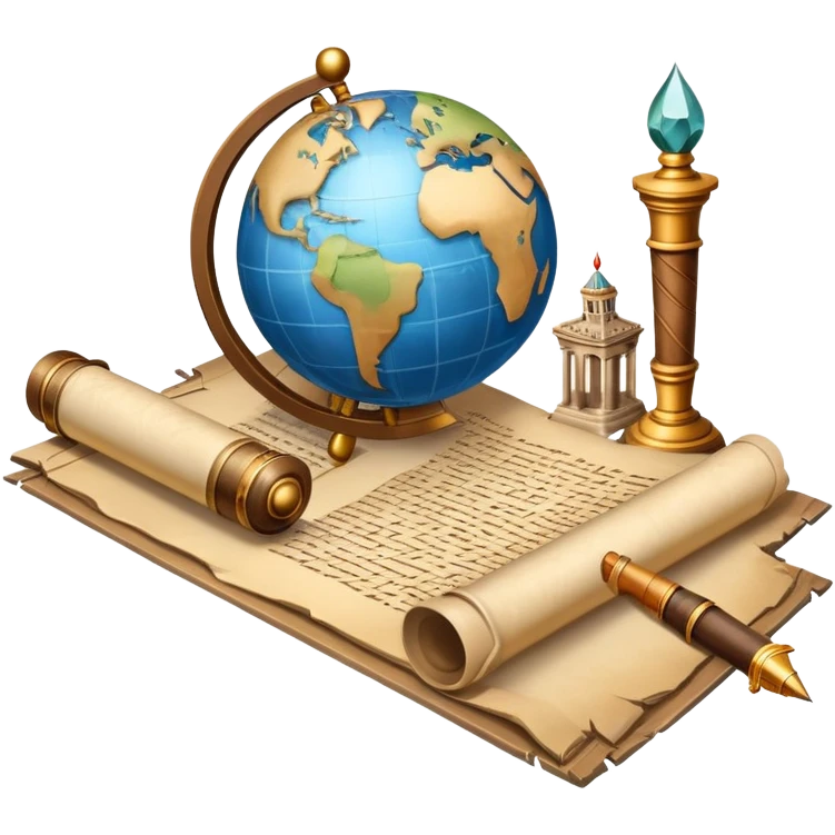 An icon featuring an ancient scroll, a quill pen, and a globe, symbolizing the study of history. The design includes a timeline with significant historical events, with ruins in the background to evoke past civilizations. Transparent background emphasizes the exploration of human history emoji