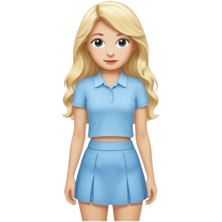 blonde woman with long wavy hair in baby blue mini skirt and matching shirt emoji