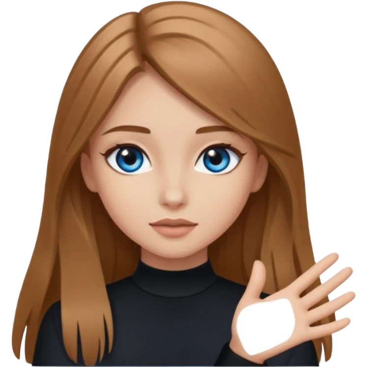 A girl with makeup, long light brown hair, blue eyes, with her palm up. with black clothes emoji