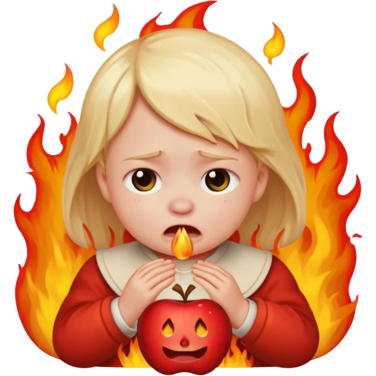 apple style emoji of a sad small child surrounded by flames emoji