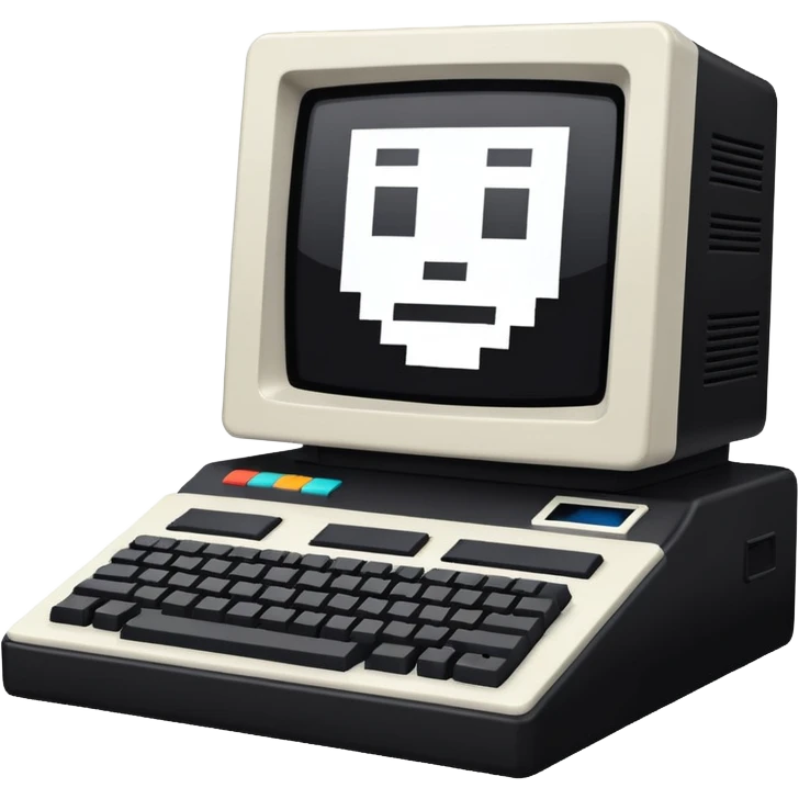 White and black 80s computer with face emoji