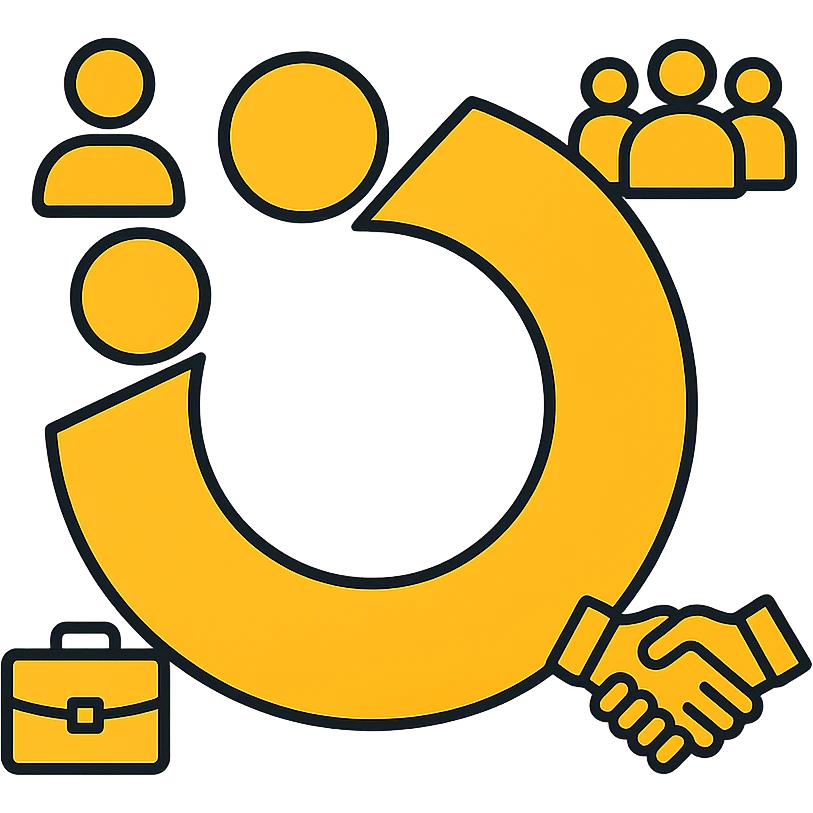 Create a minimalistic and abstract logo design with a dominant orange-yellow color palette. Place the Volio logo from the reference image at the center as the main visual element. Integrate modern, symbolic icons representing CXO, such as a person, a group of people, a handshake, or a briefcase, in a clean and balanced layout. The design should be futuristic, tech-style, and high contrast against a white background. Keep the overall composition simple, professional, and visually striking. emoji