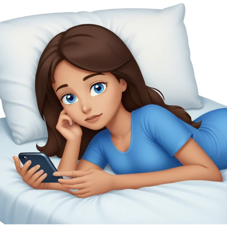 Brunett white girl with blue eyes, laying on stomach  In bed at night , using her iPhone emoji