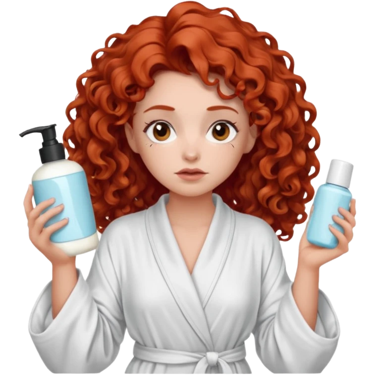 Cartoon emoji of a girl with voluminous curly red hair, fair skin, brown eyes. Wearing a chic milky silk robe with long sleeves, no makeup. Portrait mode, holding 2 moisterizers or different skin care products, looking super doubtful twisted and unsure. she is miserab;e emoji