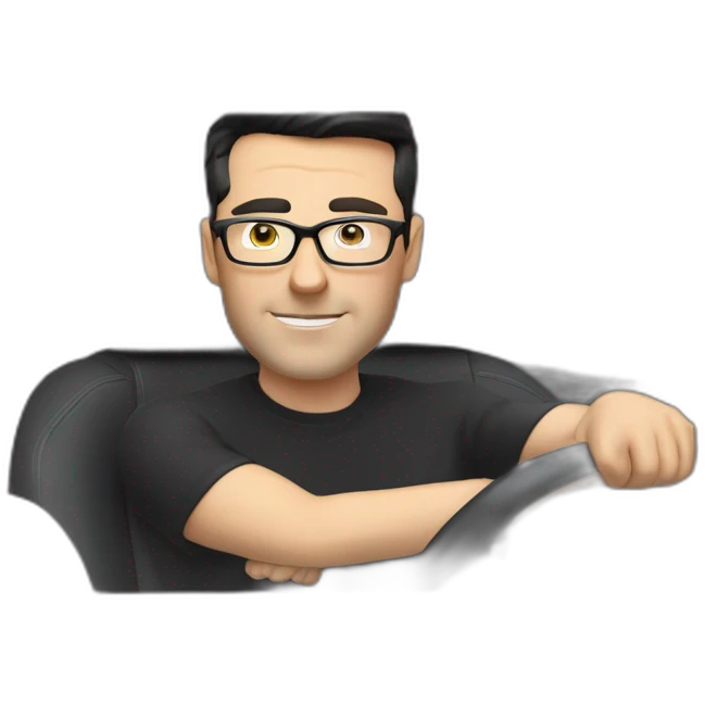 middle-age-lean-white-man-with-black-hair-&-glasses-wearing-tesla-t-shirt-inside-left-drive-black-tesla-model-3, at the wheel, front view emoji