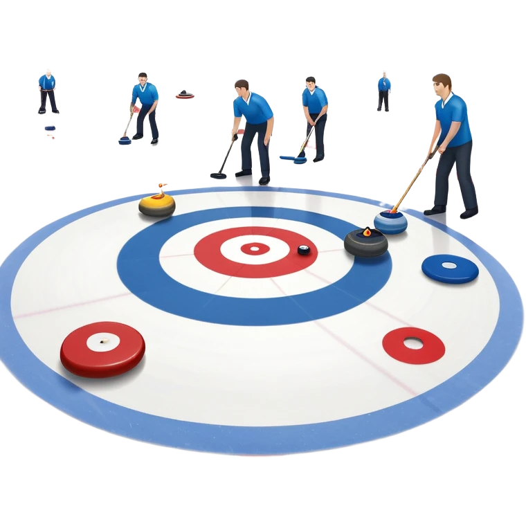 An icon showing a curling match on an indoor ice stadium, with a polished curling stone gliding toward the target and players sweeping. Spectators watch from stands, and flags hang above the rink. Transparent background highlights strategy and focus in the sport of curling. emoji