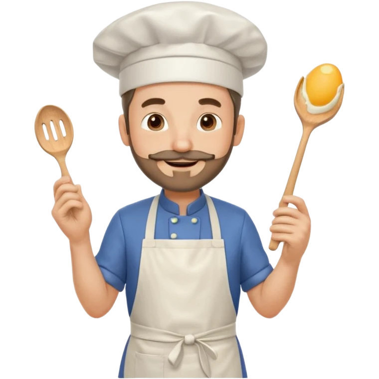 Middle aged male pastry chef - with a small beard, apron, white hat, holding an egg beater in his right hand, and his left hand naturally hanging down to his side emoji
