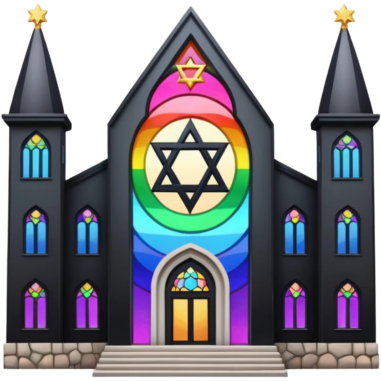 jewish synagogue temple in dark goth aesthetic style with black building and rainbow tint glass windows and star of david emoji