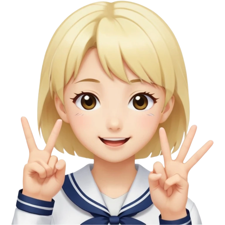 Energetic anime girl with short blonde hair wearing Japanese sailor style school uniform, winking and making double peace signs, very cheerful and bubbly, kawaii style emoji