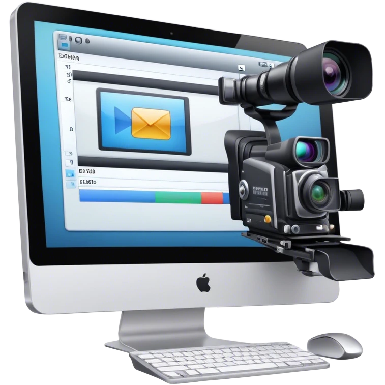 Create an emoji of video editing. Should feature a video editing timeline or interface on a computer screen, showing clips and a playhead. Include a video camera and editing tools. No smiley faces. Make the background transparent. emoji