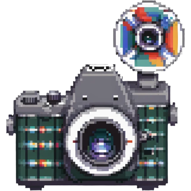 Retro film camera with film roll in pixel art style emoji