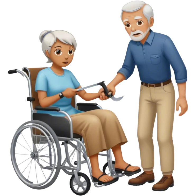 Woman with a knife in one hand, pushing with the other a wheelchair with an old man emoji