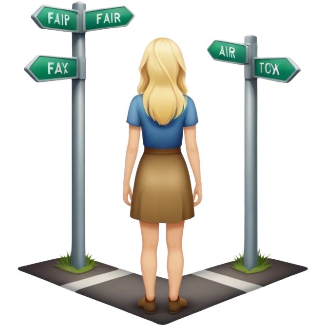 back of blonde woman stands In front at a crossroads between two paths—one illuminated, the other in shadow... scary and light  emoji