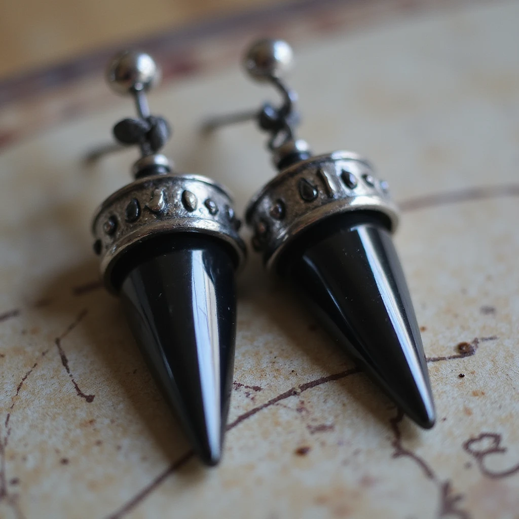 realistic goth earrings, black obsidian spike, metallic accents, sharp and bold emoji
