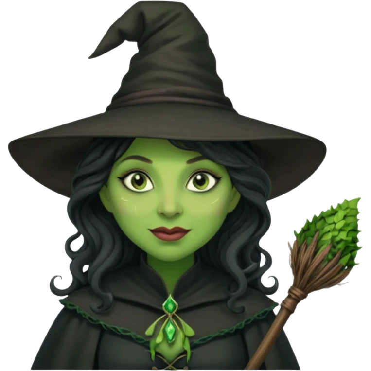 elphaba the wicked witch from wicked movie (cynthia erivo) dark long curly hair, thick lips, green skins, witch hat, witch broom, evil, wicked musical film, smirk emoji