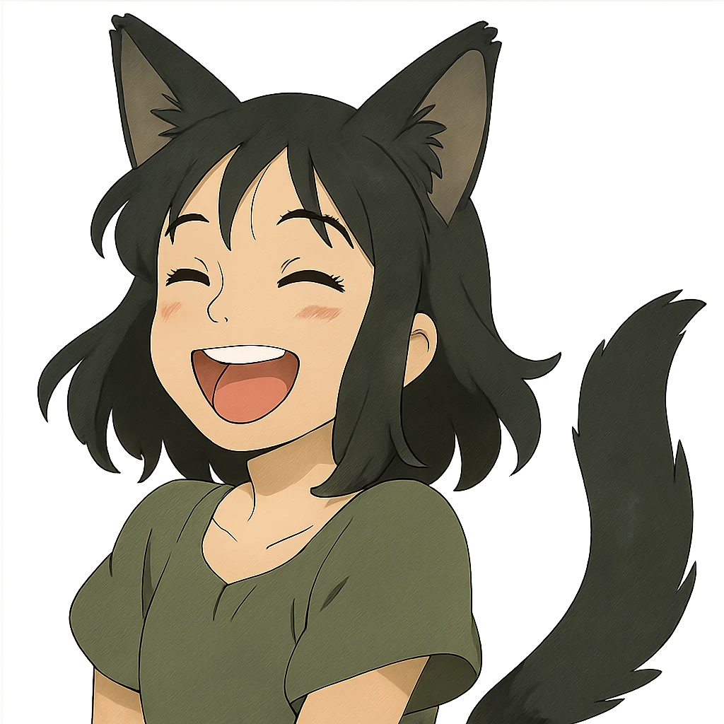 A girl with black fox ears and a tail, green eyes, dark hair, laughing emoji