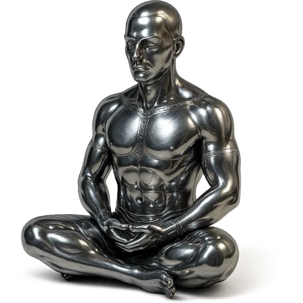 stylized chrome statue of a man meditating in the lotus position, futuristic and polished emoji