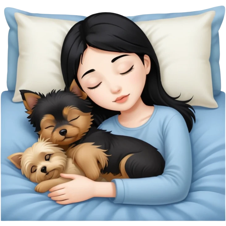 pretty asian girl with black hair sleeping in bed with small yorkshire terrier emoji