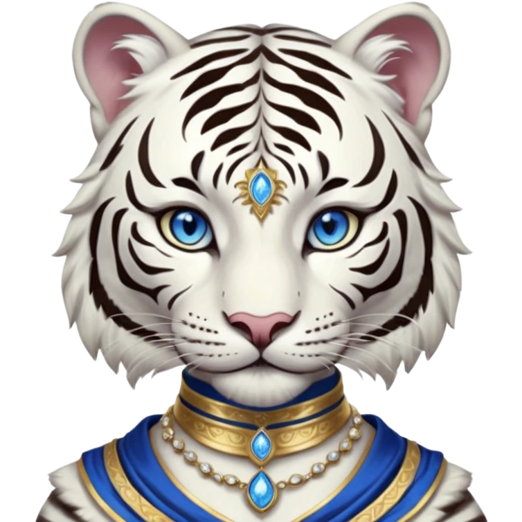 ESO Female white tiger khajiit leader of the umbral rose, blue eyes, blue 'third eye' gem, something symbolizing leadership ruling emoji