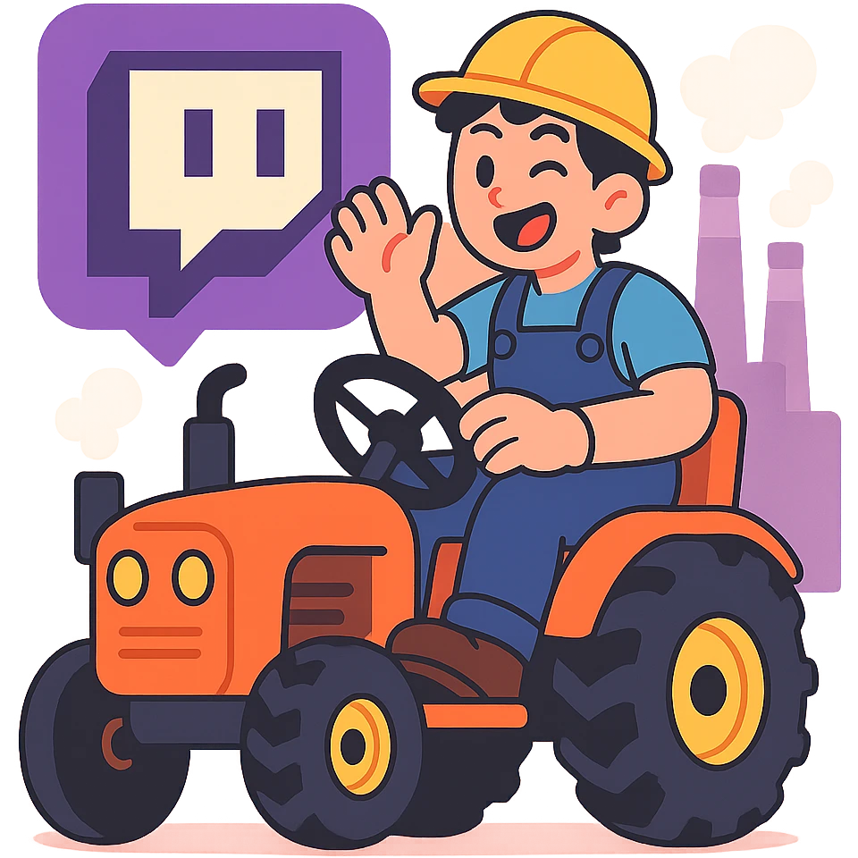 Twitch logo with a factory worker operating a tractor, vibrant colors, anime-inspired style emoji