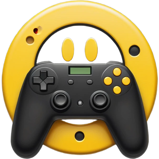 pixelated smiley face inscribed in letter O holding gamepad, retro style, black hole accretion disk shaped interference, minimalism emoji