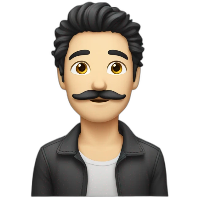 caucasian male, black scraggy hair, mostache emoji