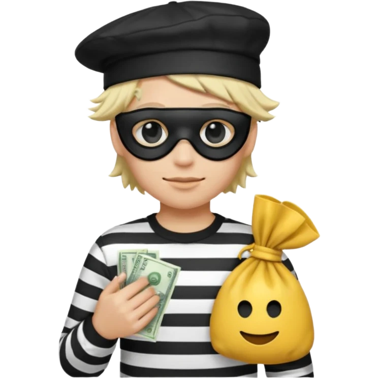 Realistic ios emoji-style portrait of a classic burglar, a black eye mask and a black-and-white striped shirt. emoji-like hair, black hat, a bag of money 💰 with a dollar sign in a right corner  emoji