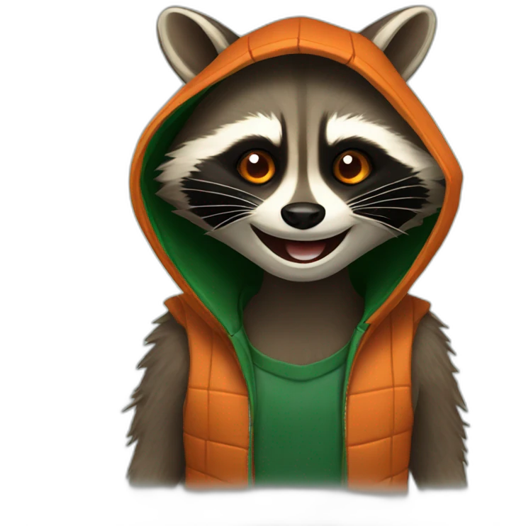 brown raccoon with orange eyes and a dark green hood that is laughing emoji