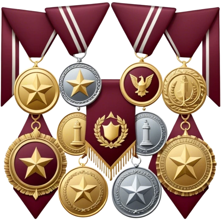 Icon for Collecting Orders, Medals & Badges: a variety of medals, orders, and badges displayed on a large maroon pennant with fringed edges. The icon should convey the prestige and historical value of these collectibles. Transparent background. emoji
