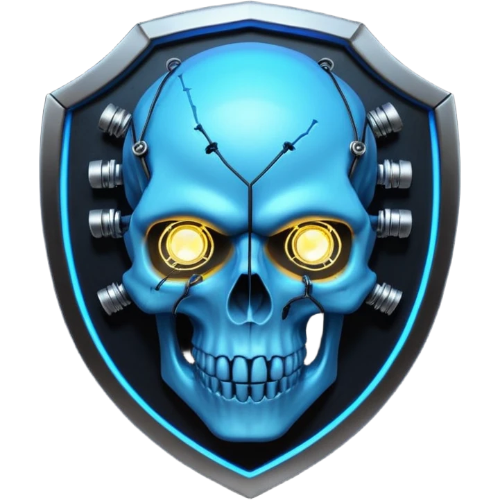 Cyberpunk shield, skull with cybernetic implants, glowing wires, dark electric blue and black tones, no background emoji